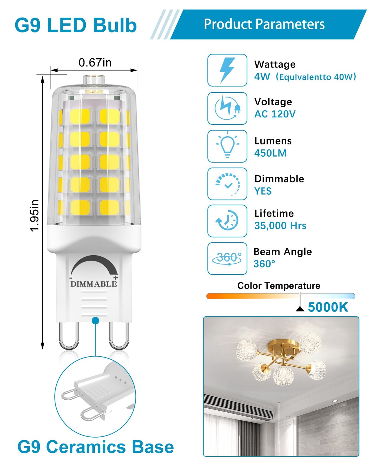 10 Pack G9 Bulbs Dimmable 5000K Daylight White, 4W 40W Equivalent T4 Chandeli...