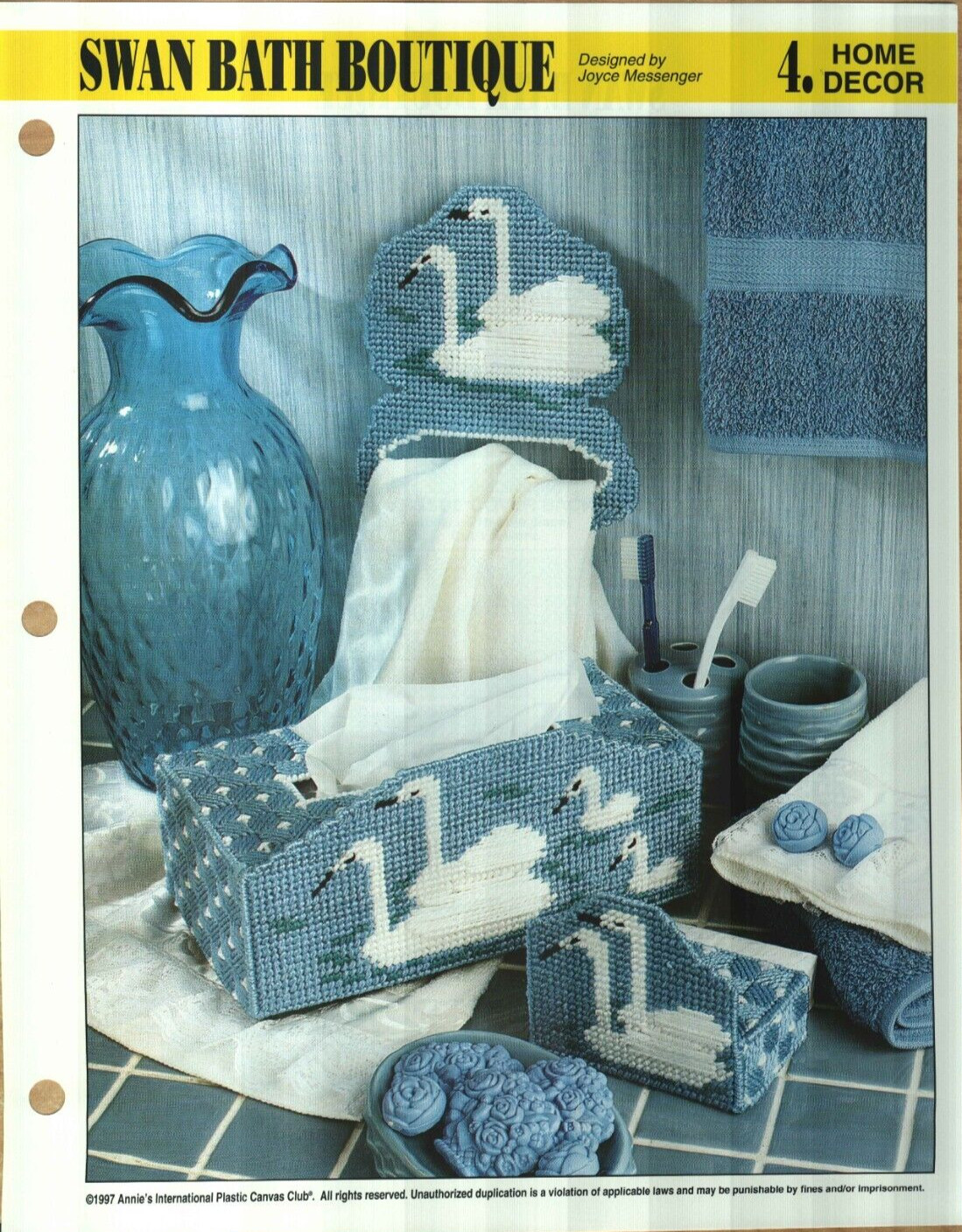 NEW SWAN BATH BOUTIQUE TISSUE COVER ANNIE'S PLASTIC CANVAS PATTERN INSTRUCTIONS
