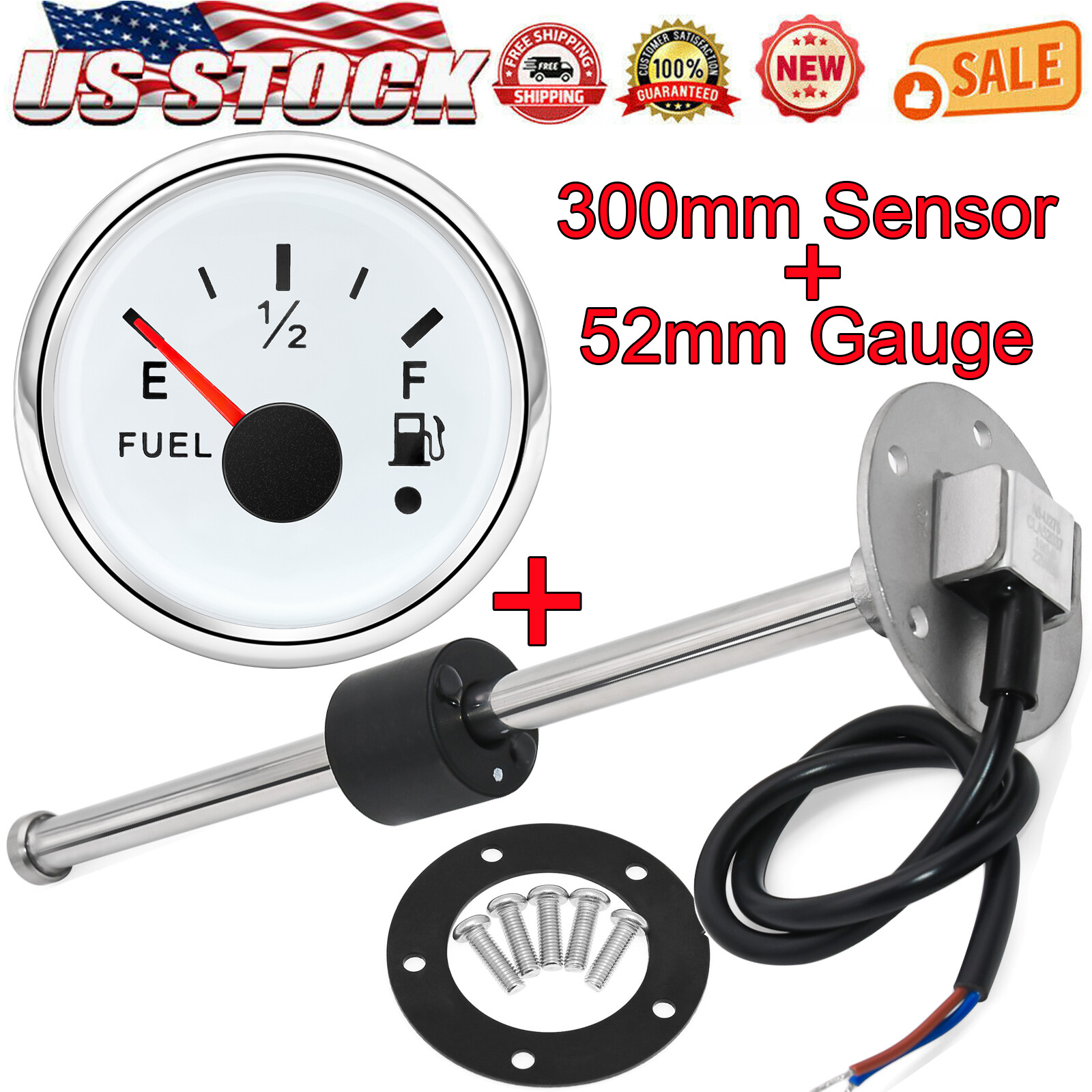 2" 52mm Fuel Level Gauge with 300mm Fuel Level Sensor Sender Units for Car Boat