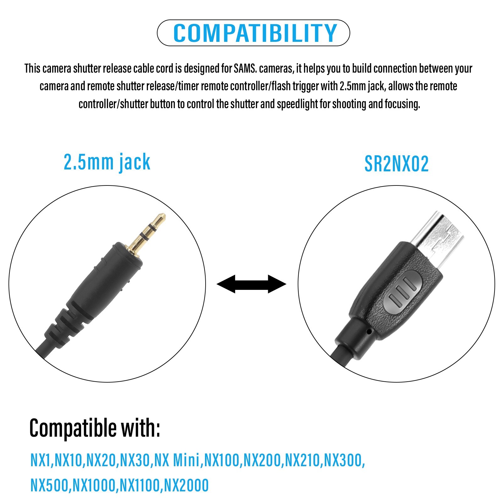 2.5mm/3.5mm-SR2NX02 Remote Control Shutter Release Cable for Samsung​ NX1,NX10
