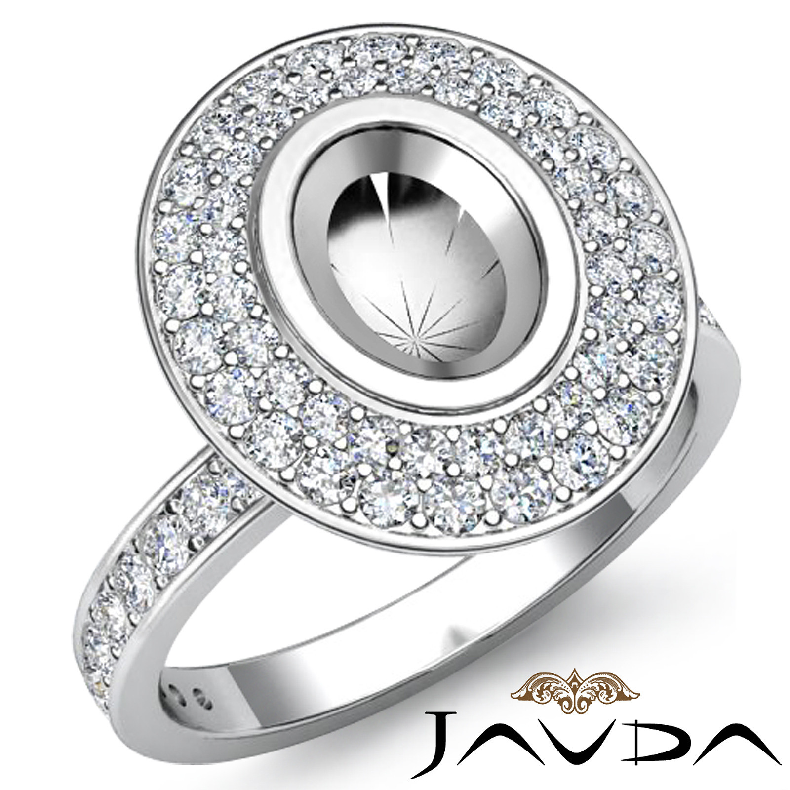 Halo Pave Setting Oval Semi Mount Diamond Engagement Ring 18k White Gold 0.75Ctw