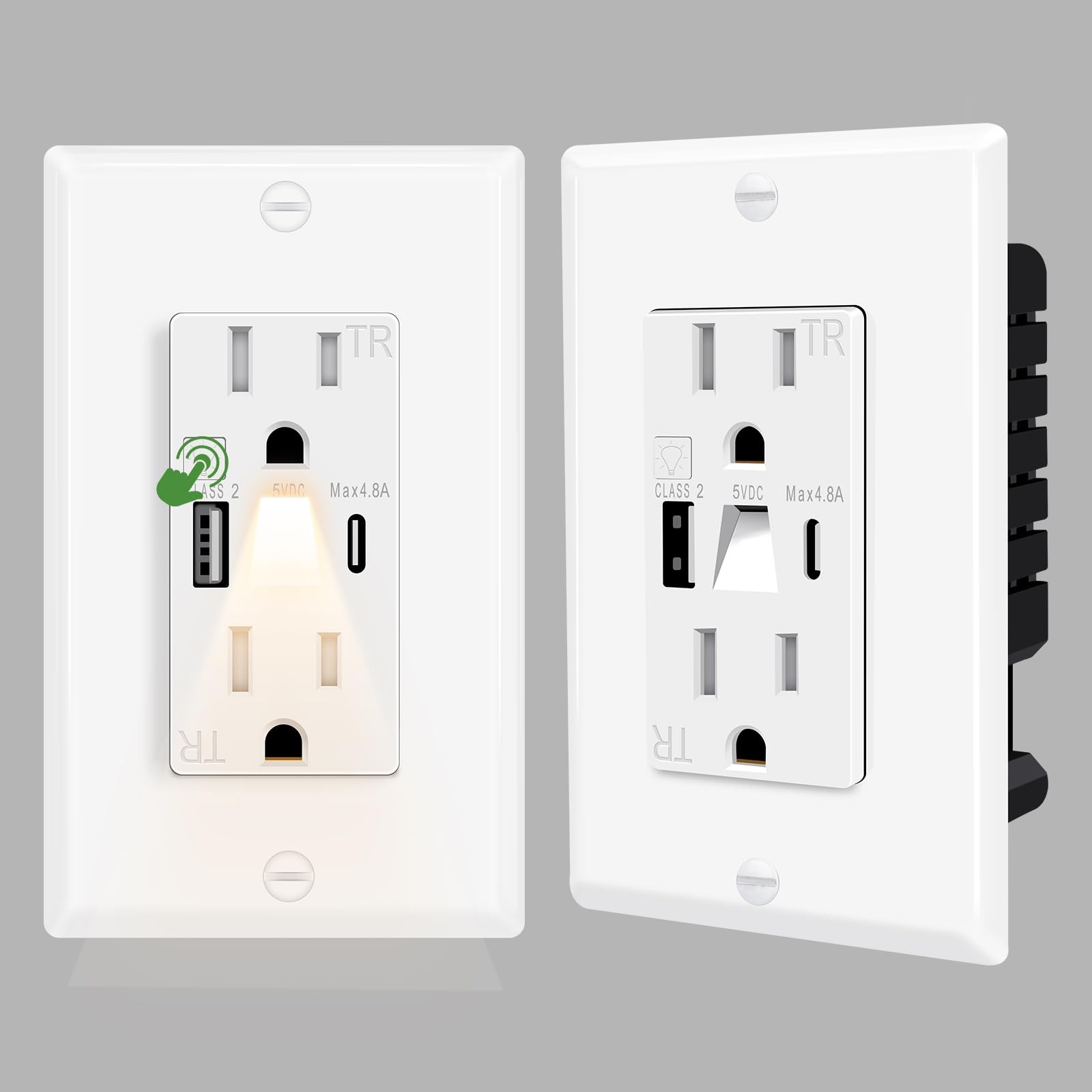 2 Pack USB Wall Outlet with Manual Control Night Light, TR Electrical Recepta...
