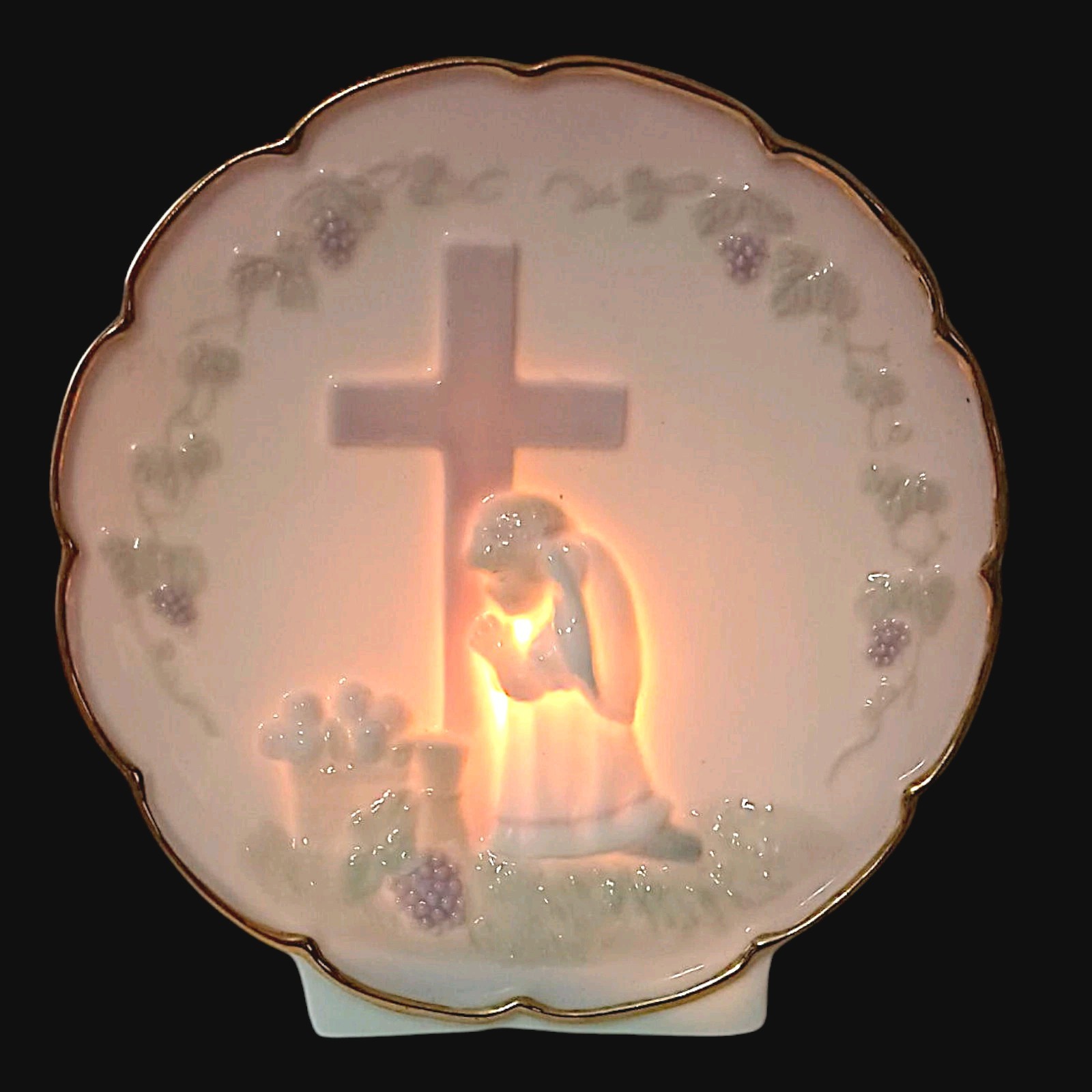 Vintage Porcelain Praying Girl Night Light Boudoir Lamp Bedside Religious Cross