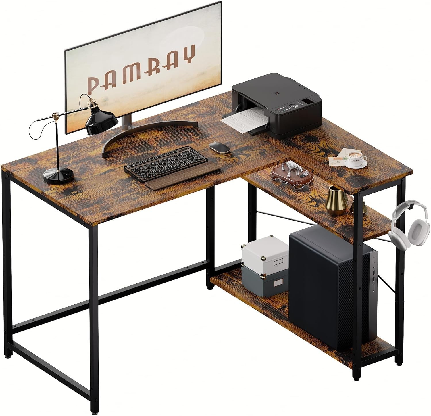 43 Inch L Shaped Computer Desk W/ Reversible Side Storage Shelves Small Corner