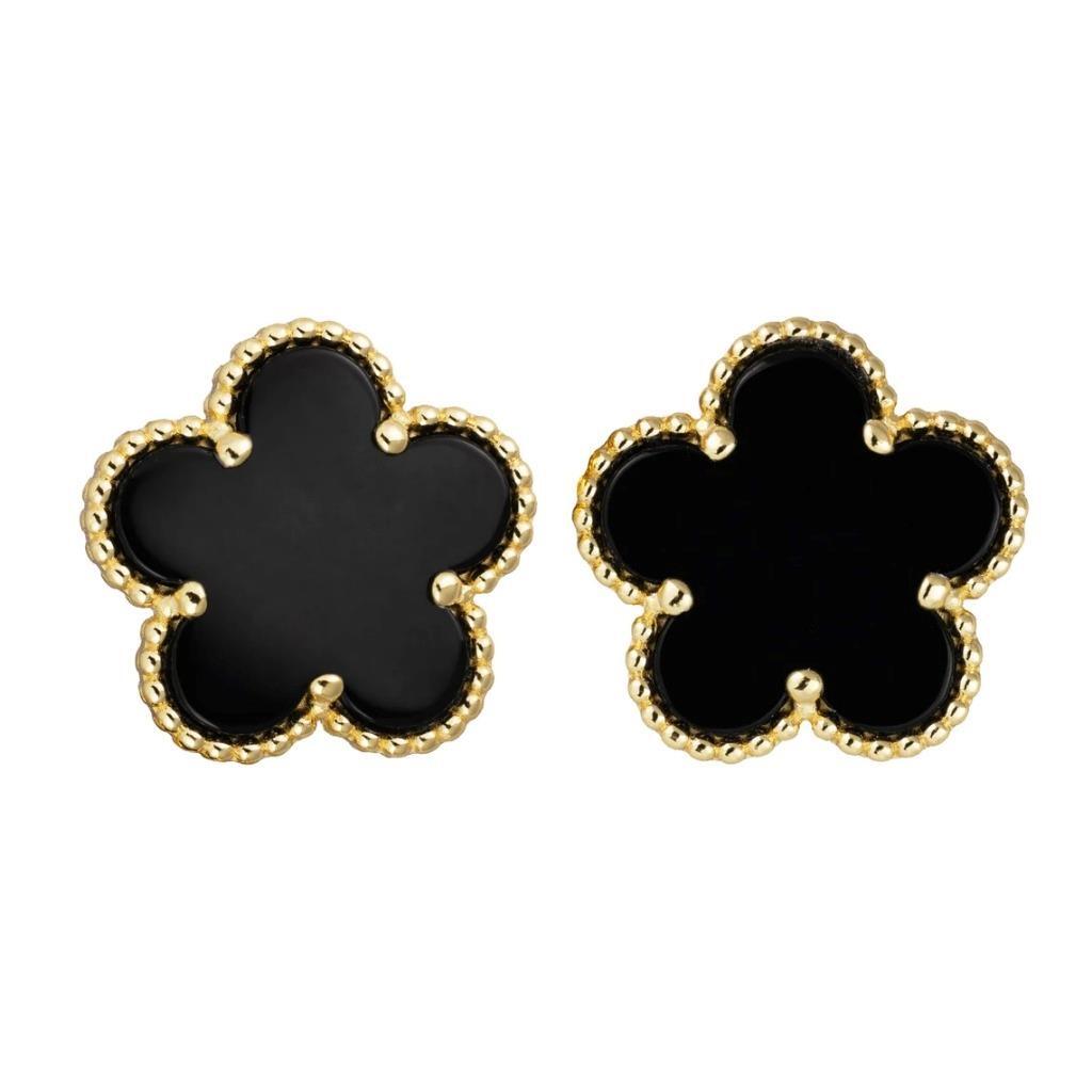 Clover 5 Leave Stud Earrings 18k GP 925 Sterling Silver / Black Onyx