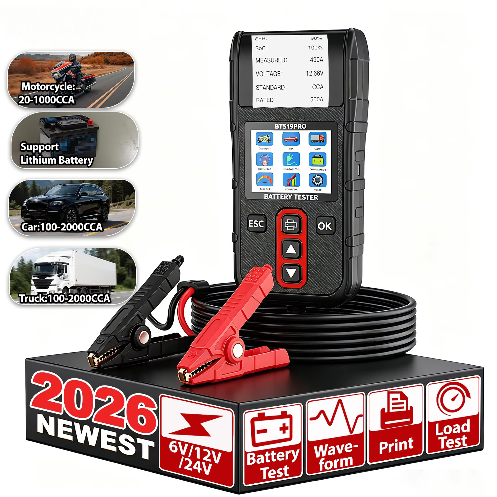 2026 BT519pro Car Battery Tester 6V 12V 24V Load Tester Charging System Analyzer