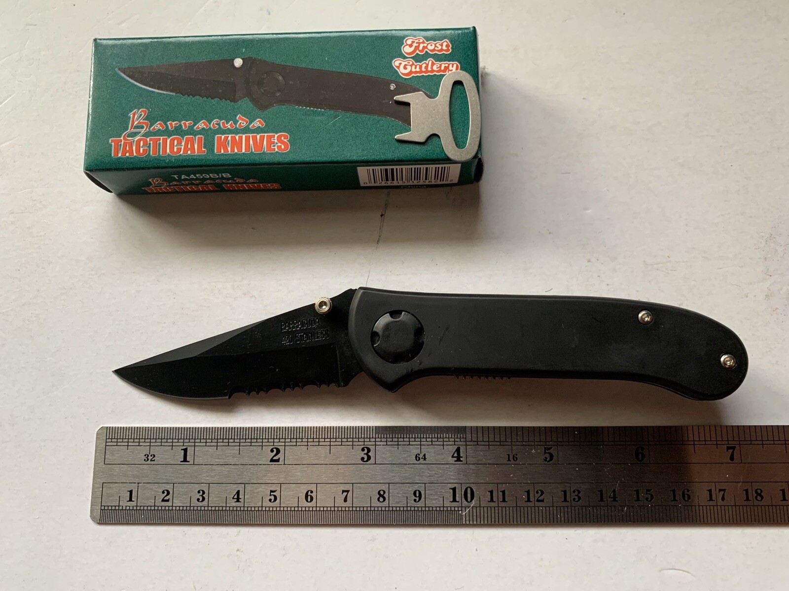 Barracuda Tactical Knives TA459B/B 4 1/2" Closed Tactical Knife Black Half Serra