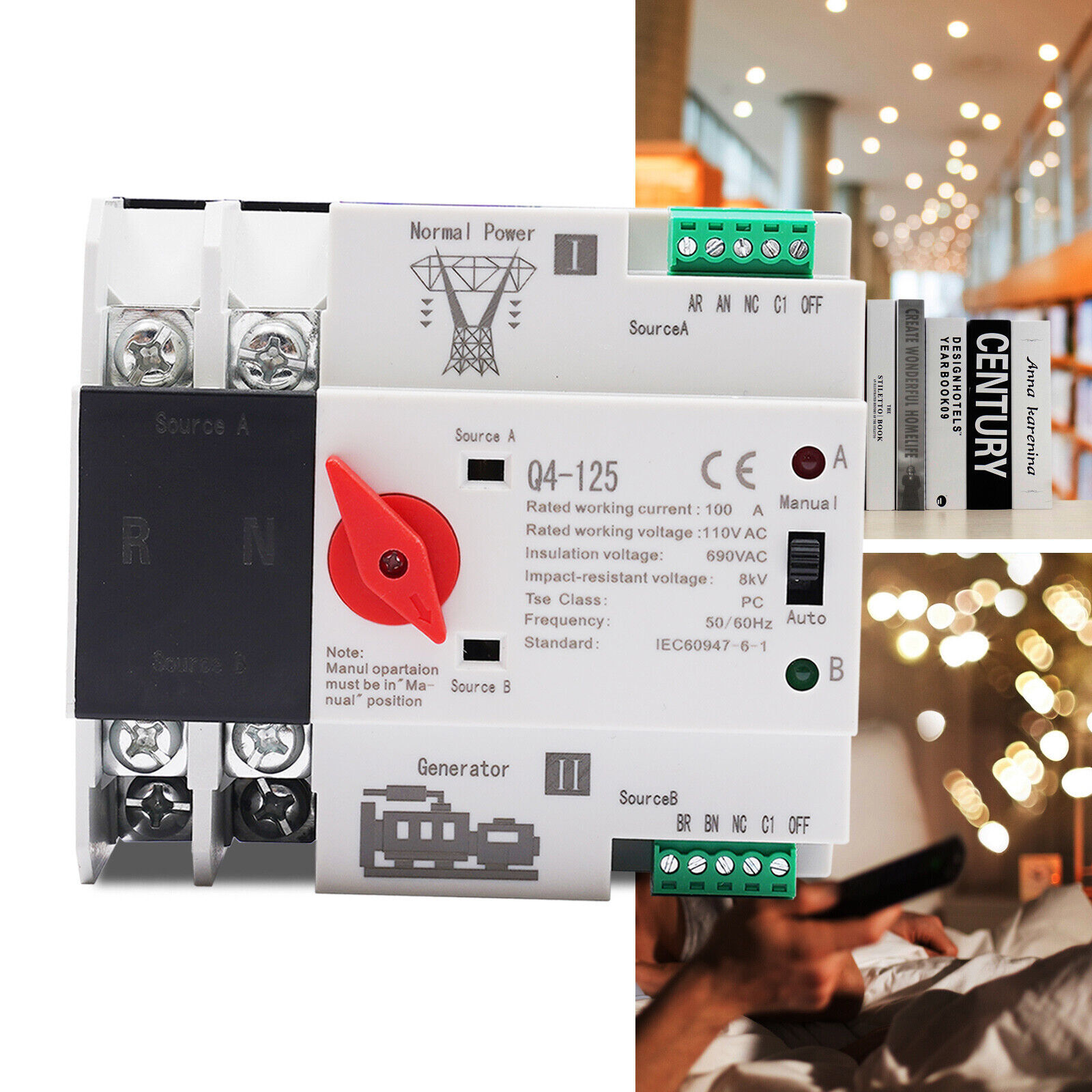 Dual Power 100A Automatic Transfer Switch 2P for Generator Use