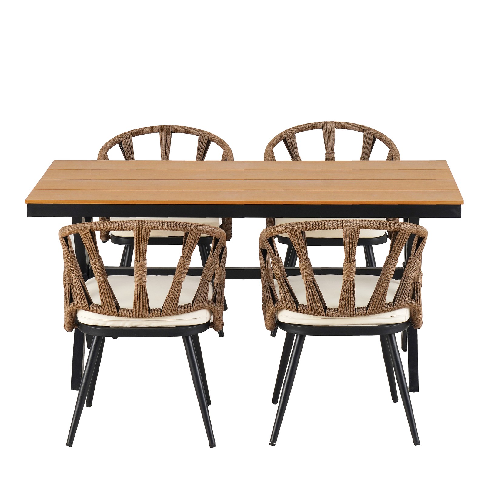 4-Piece Outdoor Patio Furniture Set with PE Rattan Chairs and Plastic Wood Table