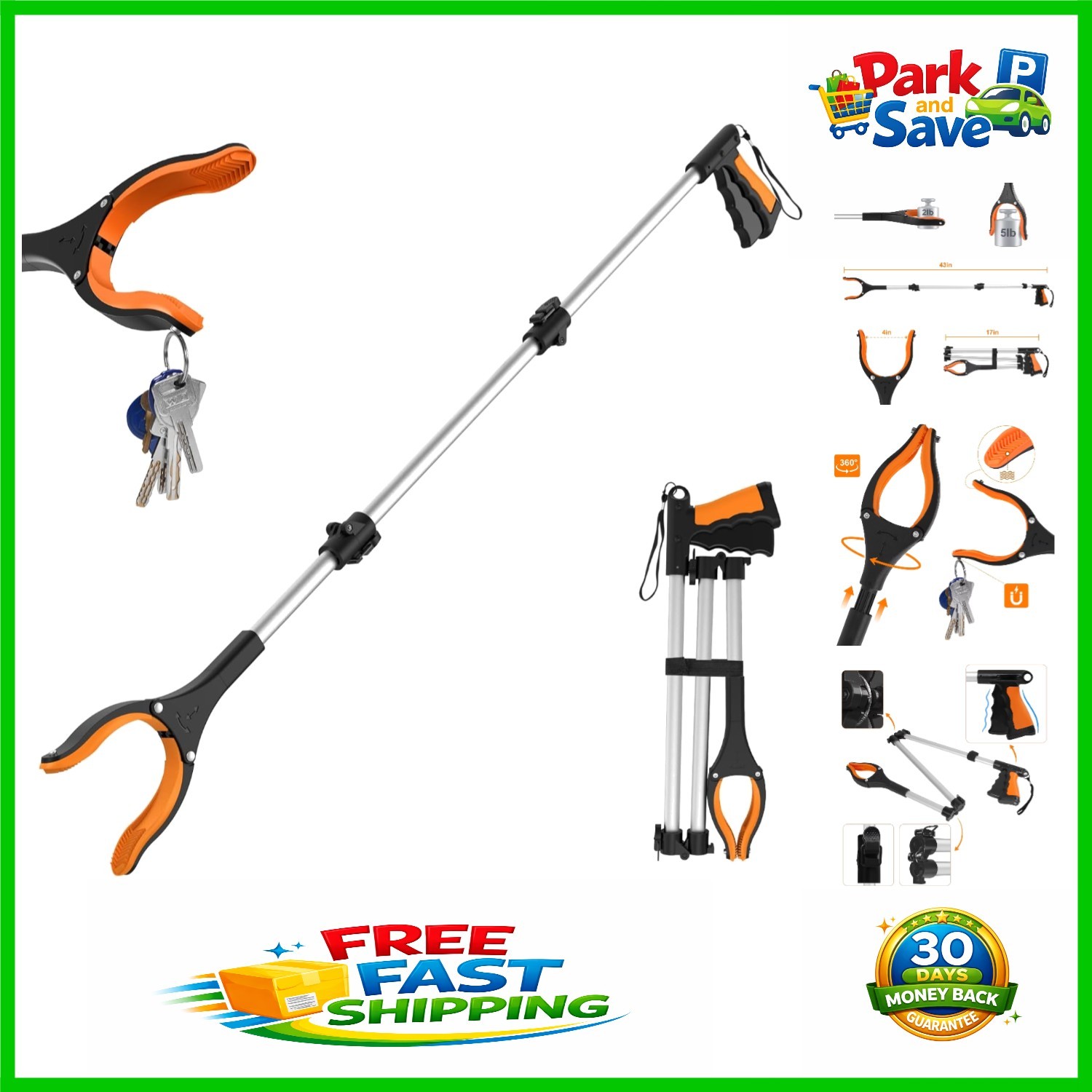 Foldable 43-Inch Grabber Tool with Rotating Jaw & Magnets - Easy Item Retrieval
