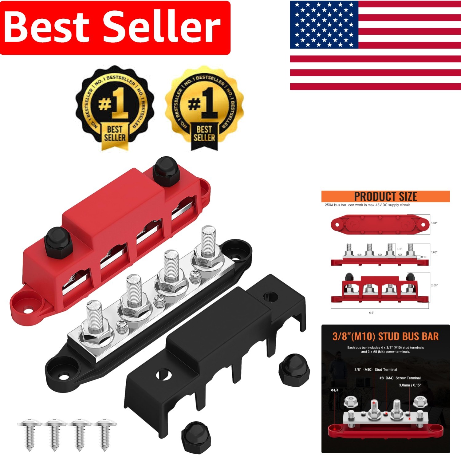 High-Performance 250A Marine Bus Bar with 4 x 3/8" Studs - Perfect for Auto Use