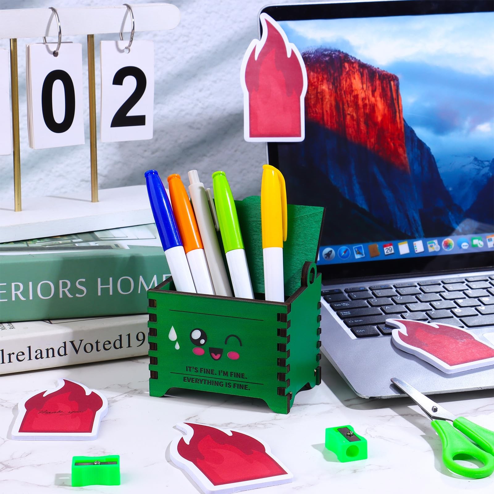 Dumpster Pencil Holders for Desk with Flame Note Cards Tiny Recycle Bin Penci...