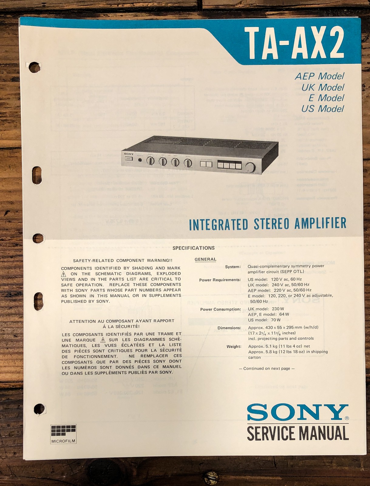 Sony TA-AX2 Amplifier Service Manual *Original*