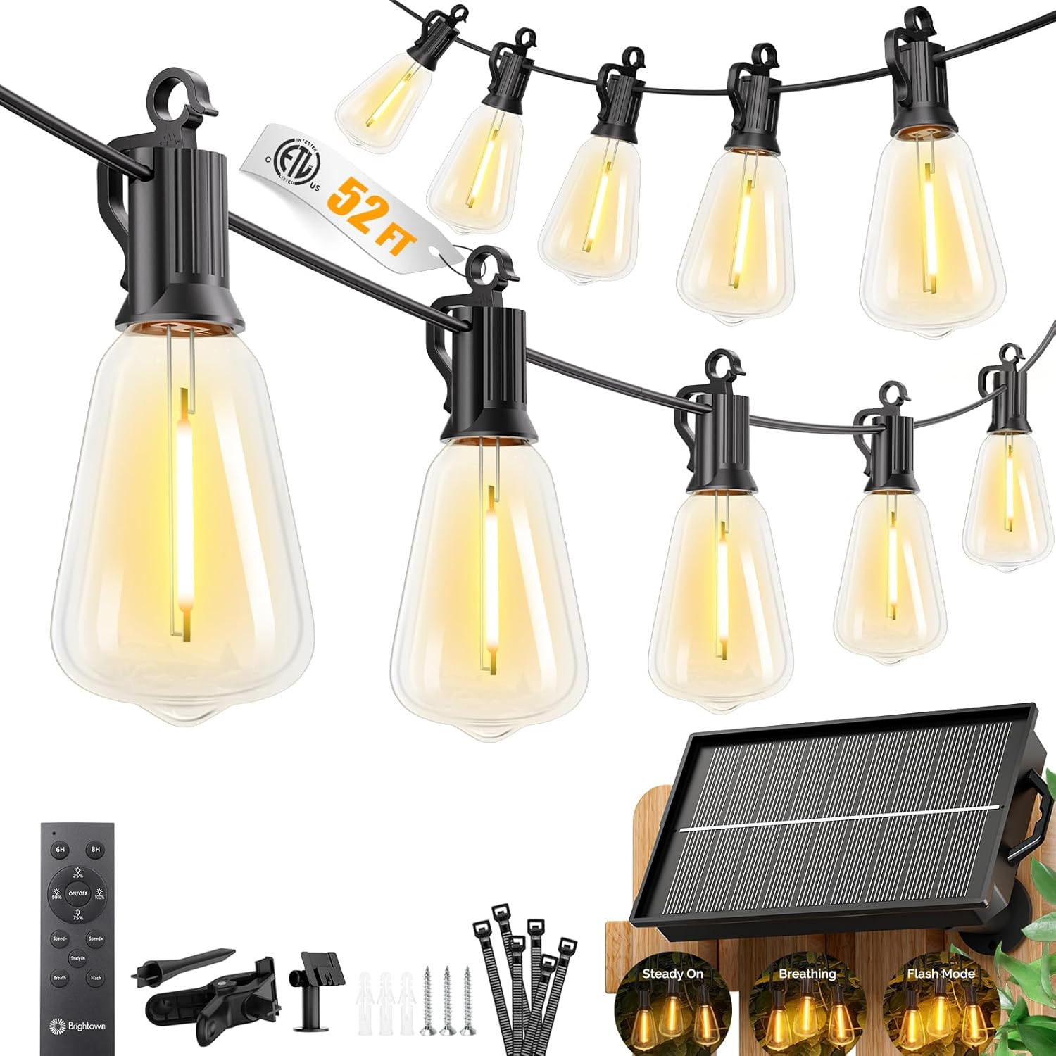 52FT Solar String Lights Outdoor Waterproof, 26Hrs Runtime | 15+1 LED Bulbs, USB