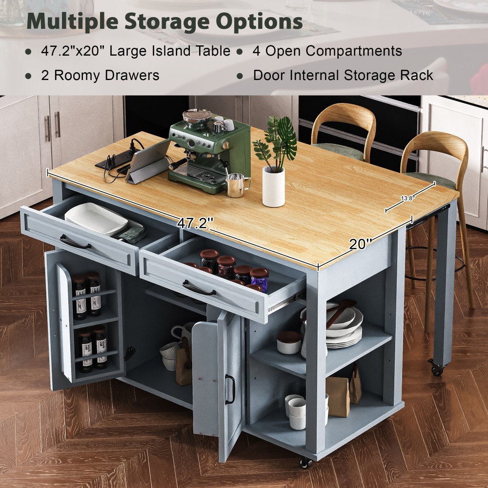 47-inch Kitchen Island w/ Extendable Table, Storage, Outlet - Grey Blue
