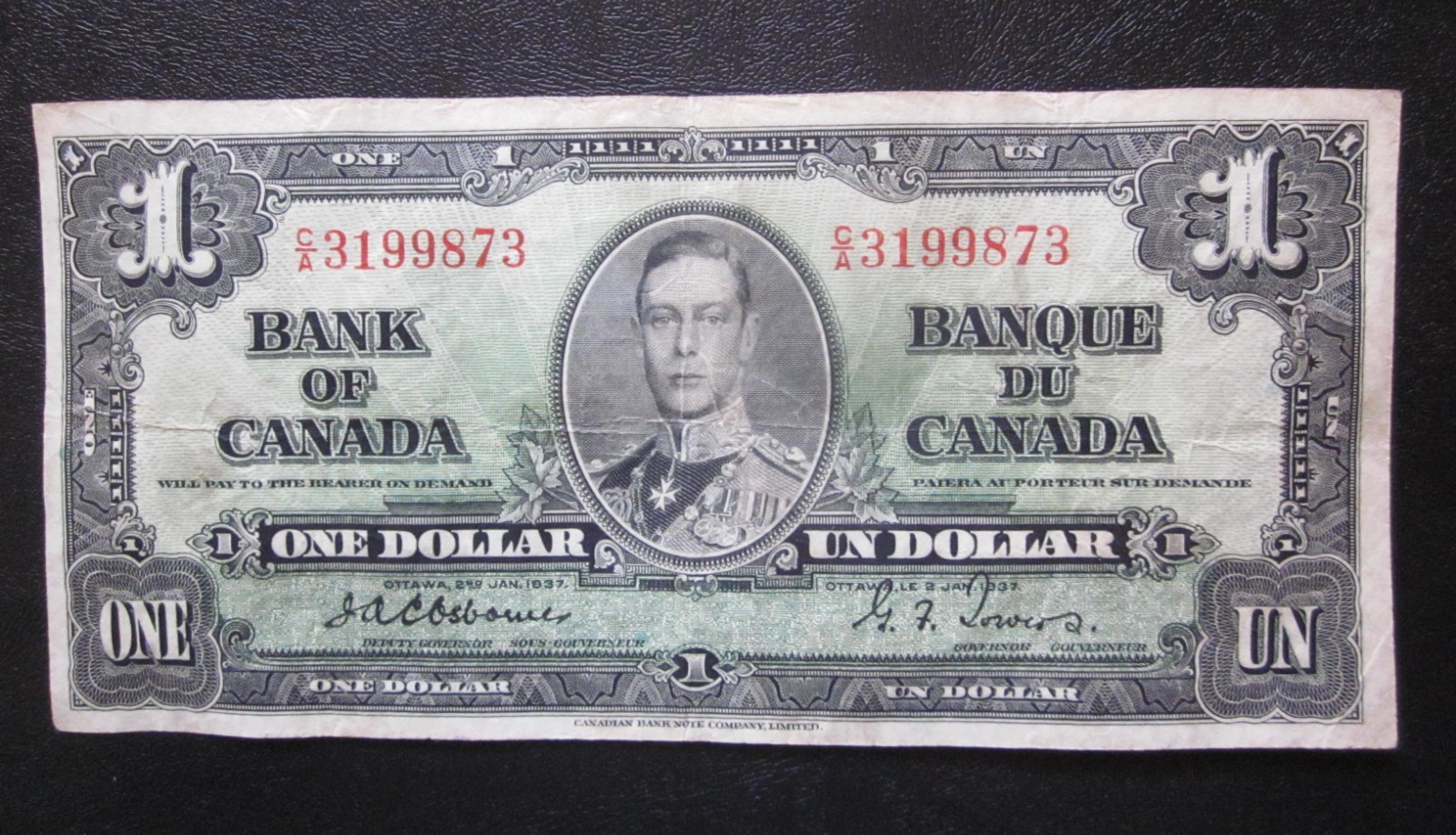 1937 Canada $1 One Dollar Rare Osborne/ Towers C/A Prefix VF Banknote