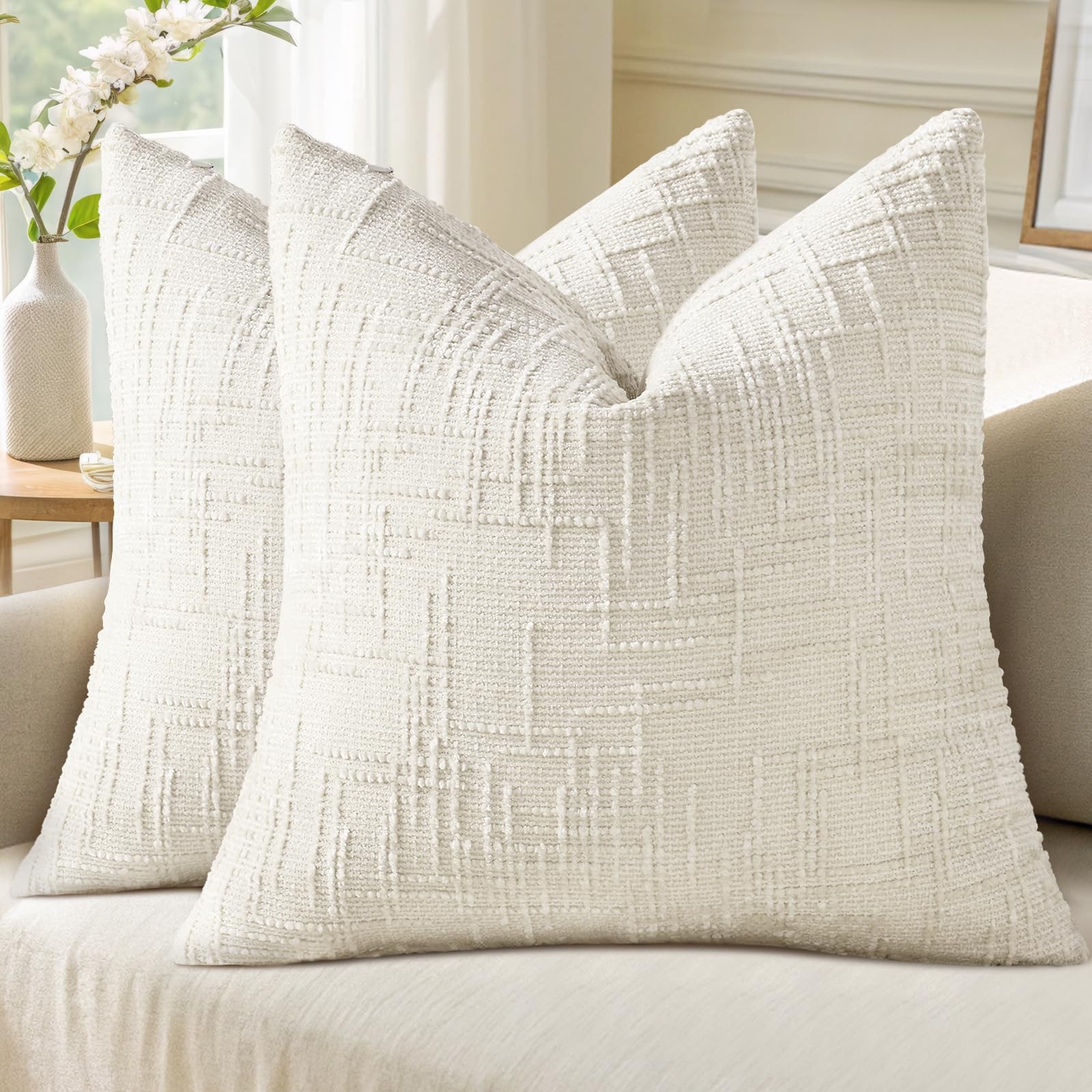Summer Cream White Chenille Throw Pillow Covers 18x18 Set of 2 Textured Cozy ...