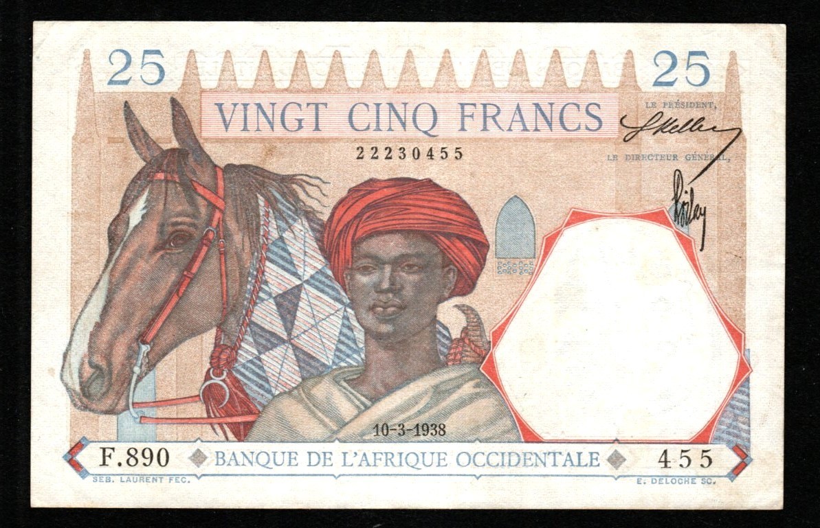 FRENCH WEST AFRICA 25 FRANCS BANKNOTE LION 1938 - RARE NOTE EXTRA FINE - AUNC