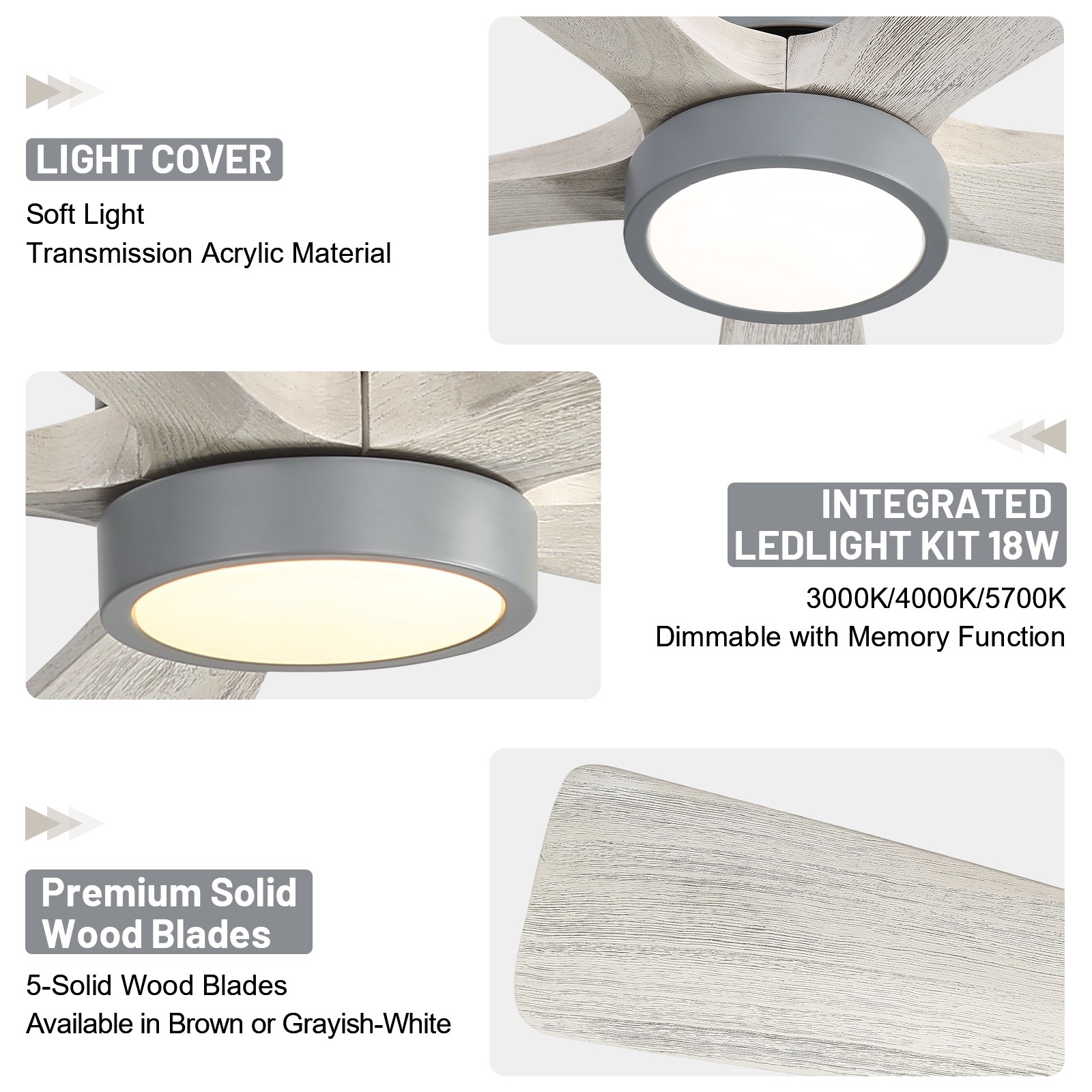 52in Solid Wood Ceiling Fan with Light and Remote Control Quiet Reversible Motor