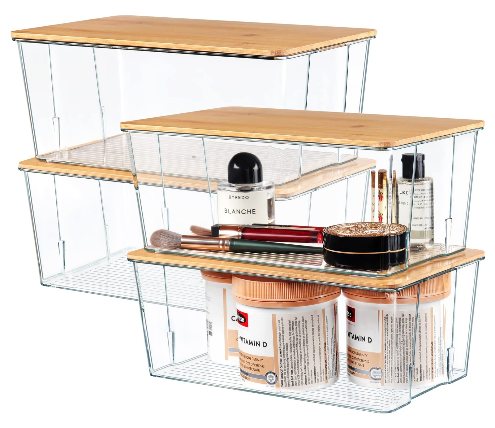 Hudgan 4 Pack Clear Plastic Storage Bins with Bamboo Lids, Lid, Nature