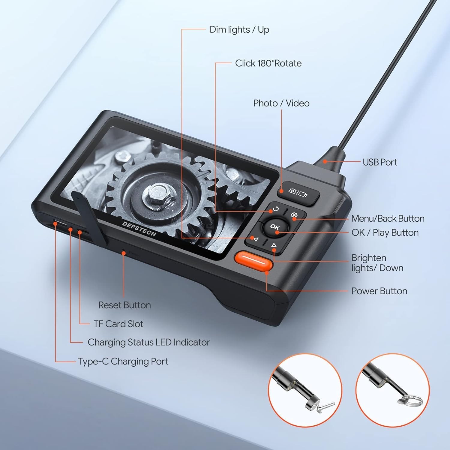 DEPSTECH DS520 5" IPS Screen Industrial Borescope, 0.25in Probe HD Endoscope Cam