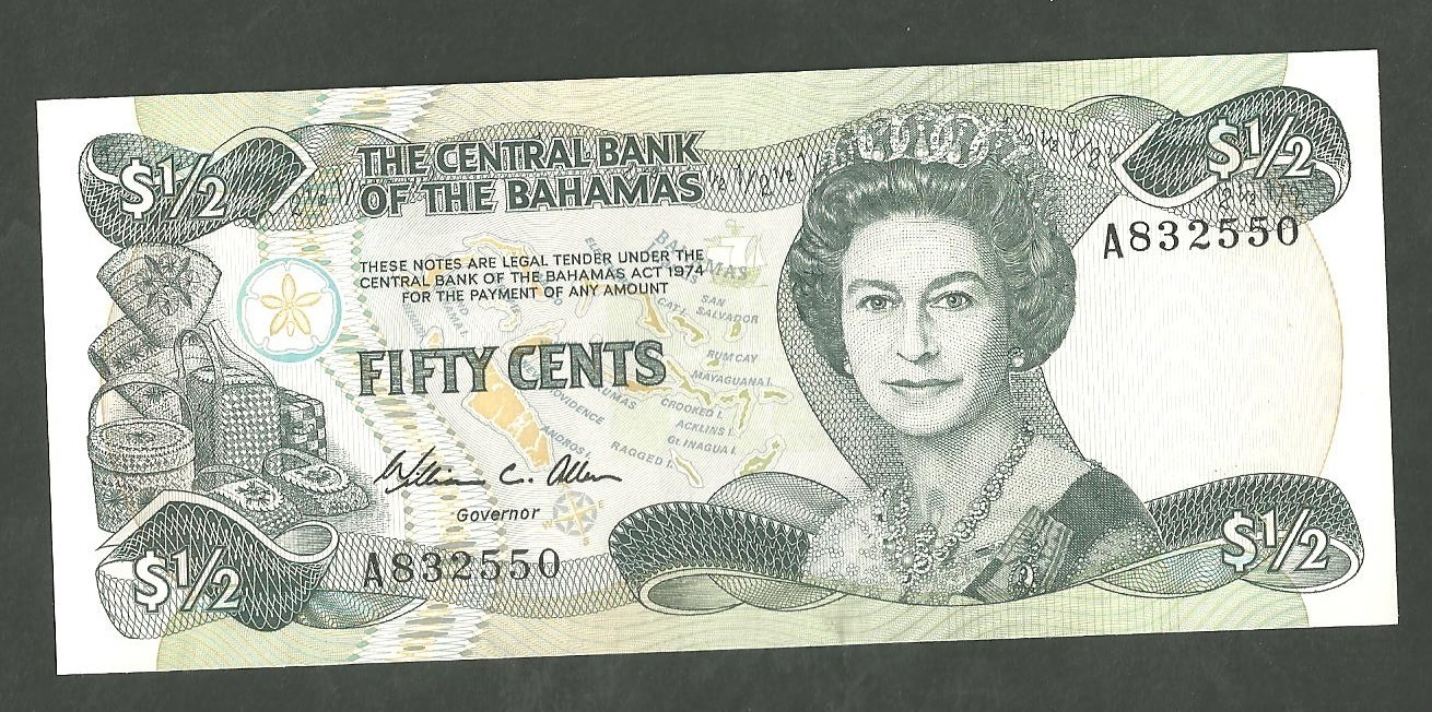 1984 Bahamas 50 Cents Currency Note Pick 42A Paper Money Half Dollar
