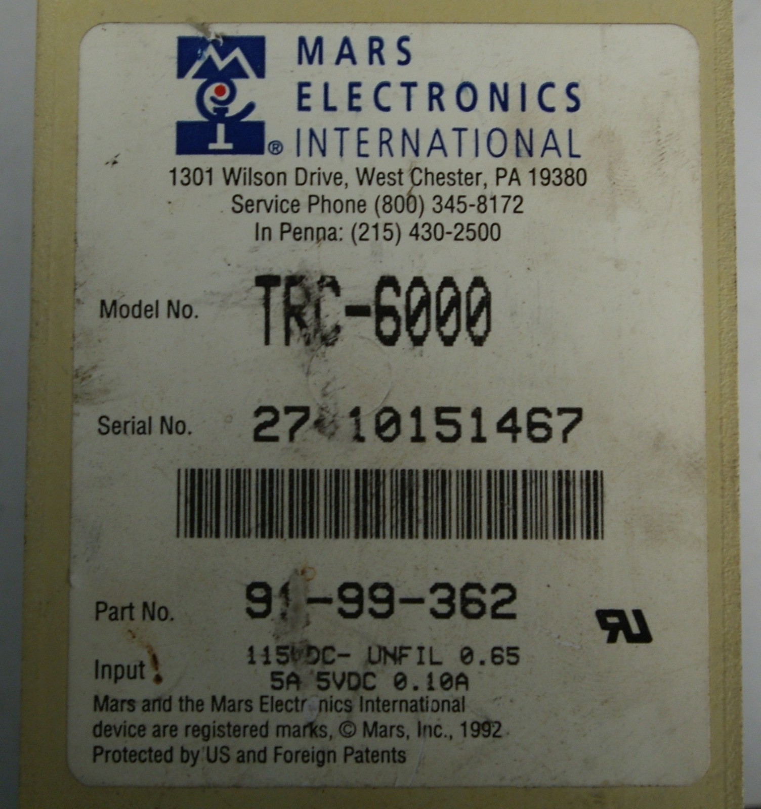 MARS MEI TRC-6000 COIN ACCEPTOR FOR VENDING MACHINES