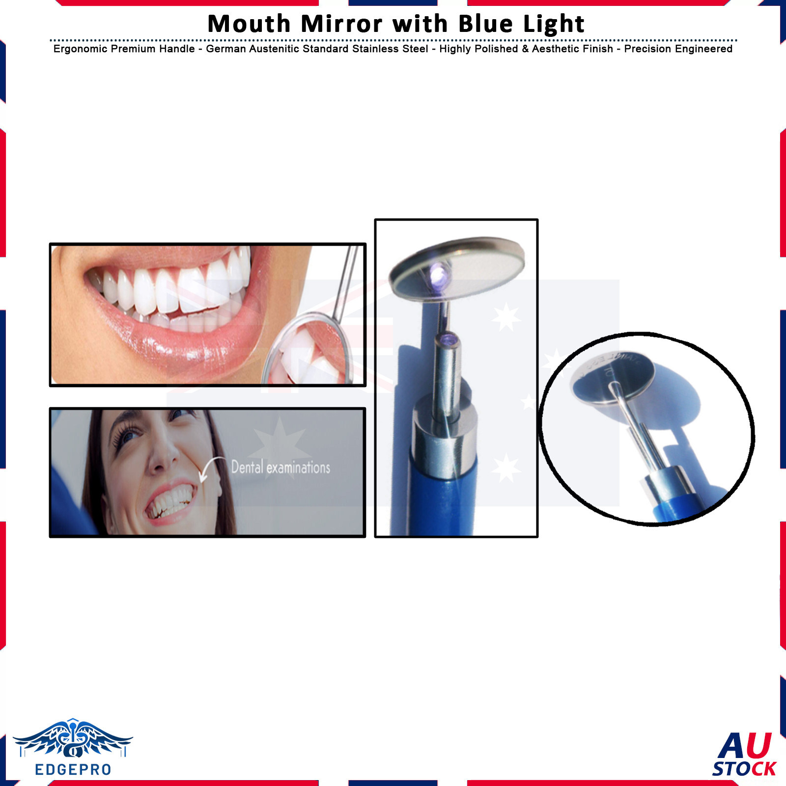 Mirror with Light (Color Blue) Dental Instruments Stainless Removable New