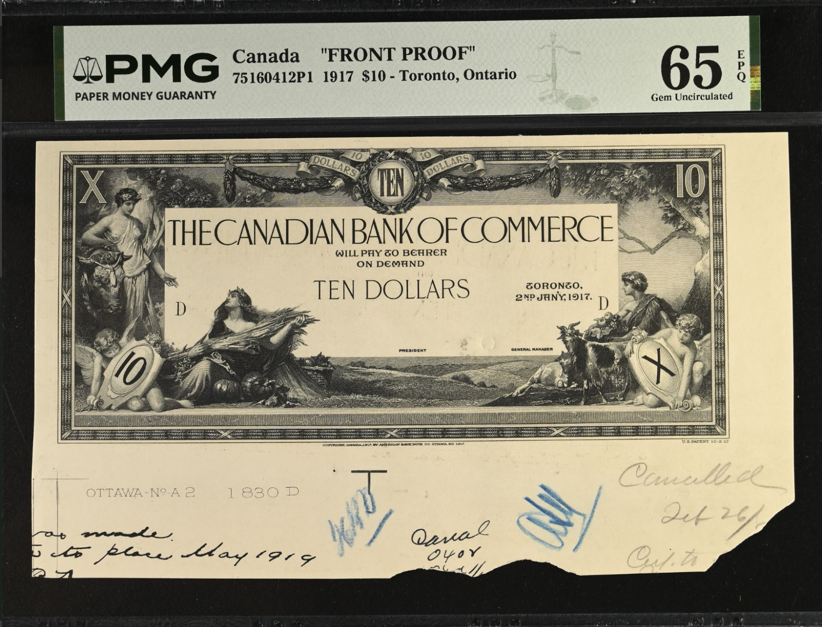 PMG RARE Canada FRONT PROOF 10 Dollars 1917 P-75160412P1 GEM Uncirculated 65 EPQ