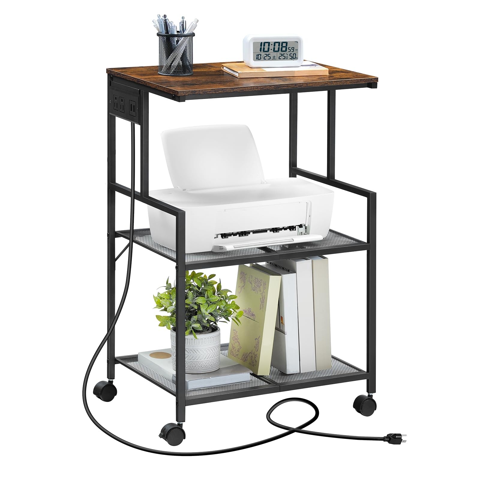 Mobile Printer Stand, 3-Tier Industrial Printer Cart with Power Outlets and 2...