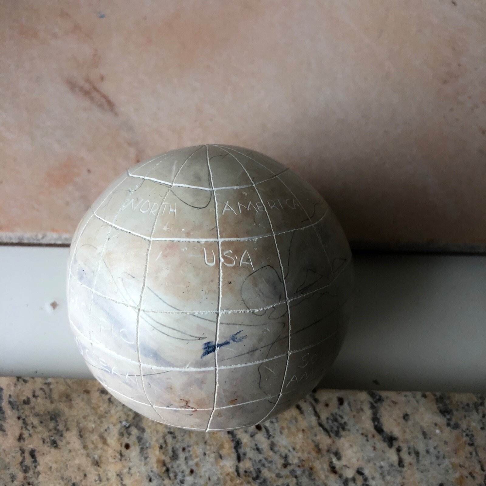Unique Vintage Carved and Handpainted Stone Globe / World Map
