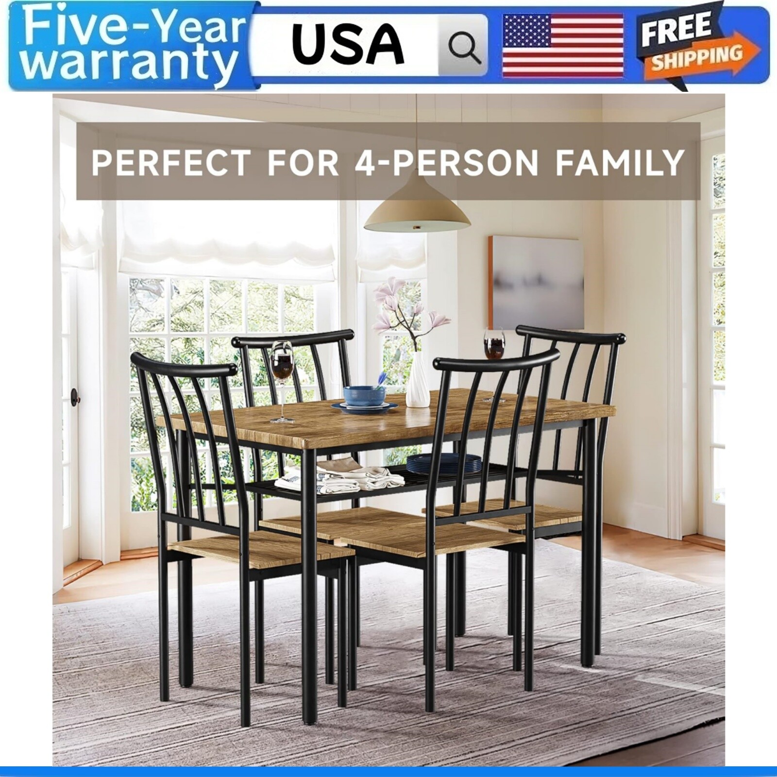 5 Piece Dining Table Set for 4 Kitchen Table and Chairs with Storage Rack Metal