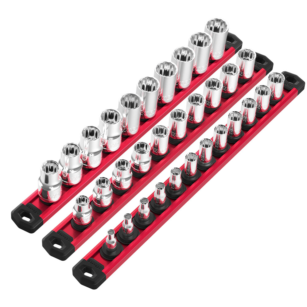 NEW 3-PACK Magnetic Socket Organizer Set 1/4" 3/8" 1/2" Drive Socket Holder Rack