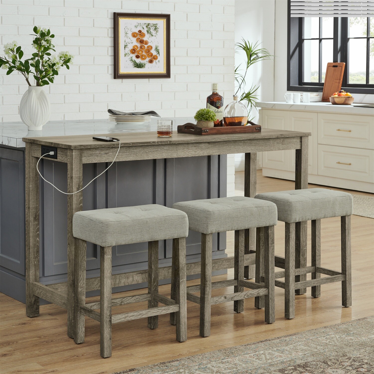 4 Piece Bar Table Set Counter Height Kitchen Pub Table w/ 3 Bar Stool & USB Port