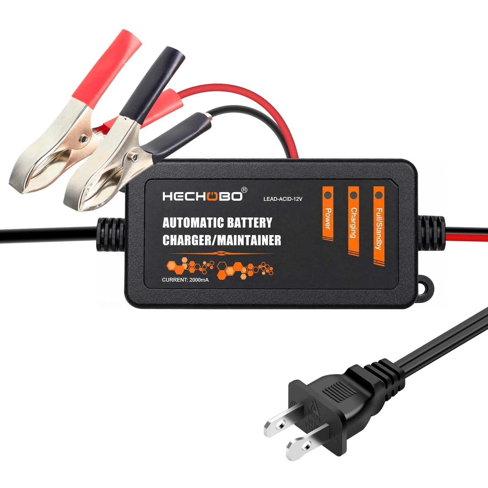 12v 2A Battery Charger, Trickle Charger for Lawn Mower Battery, black