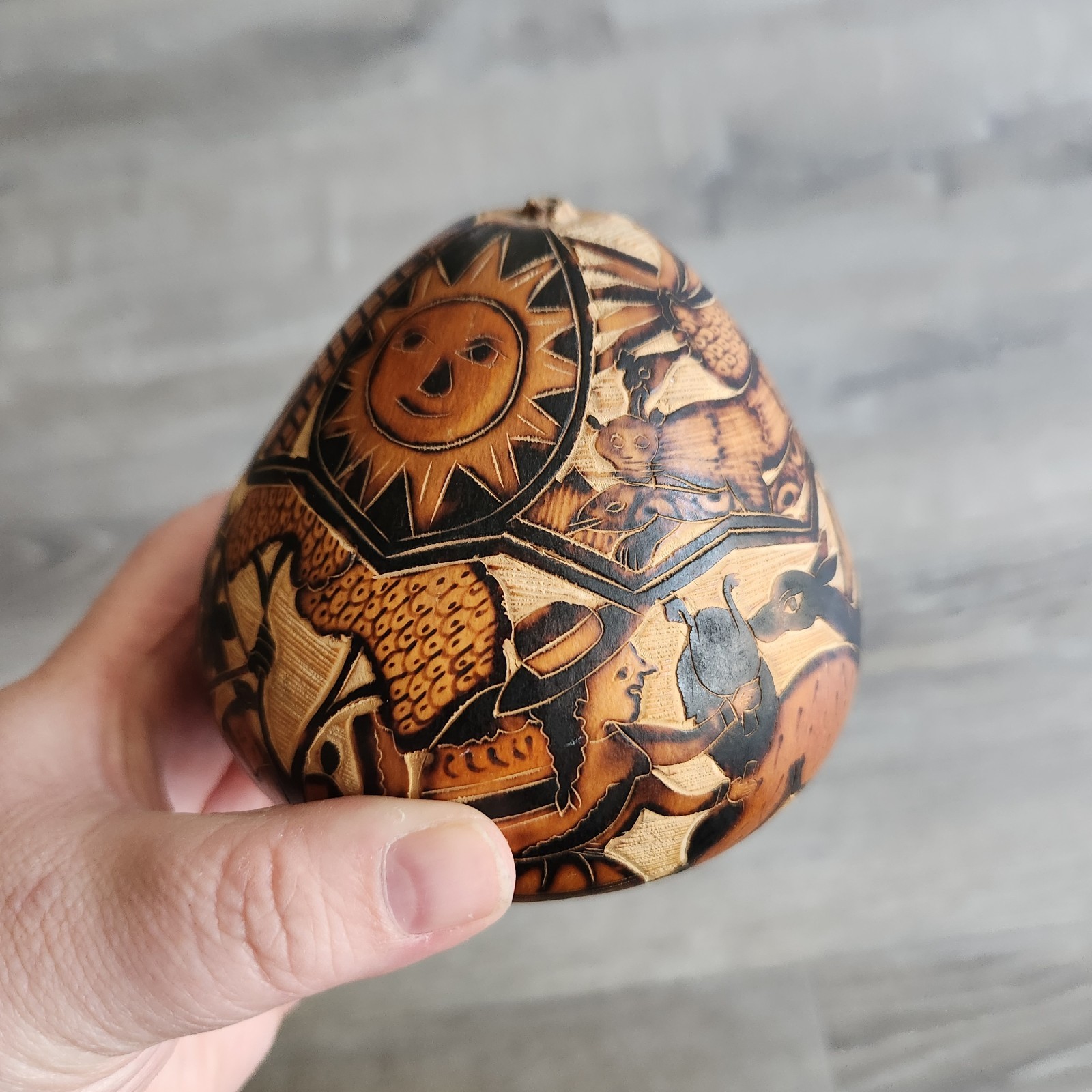 Hand Carved Peruvian Folk Art Gourd Sun Moon People Animals