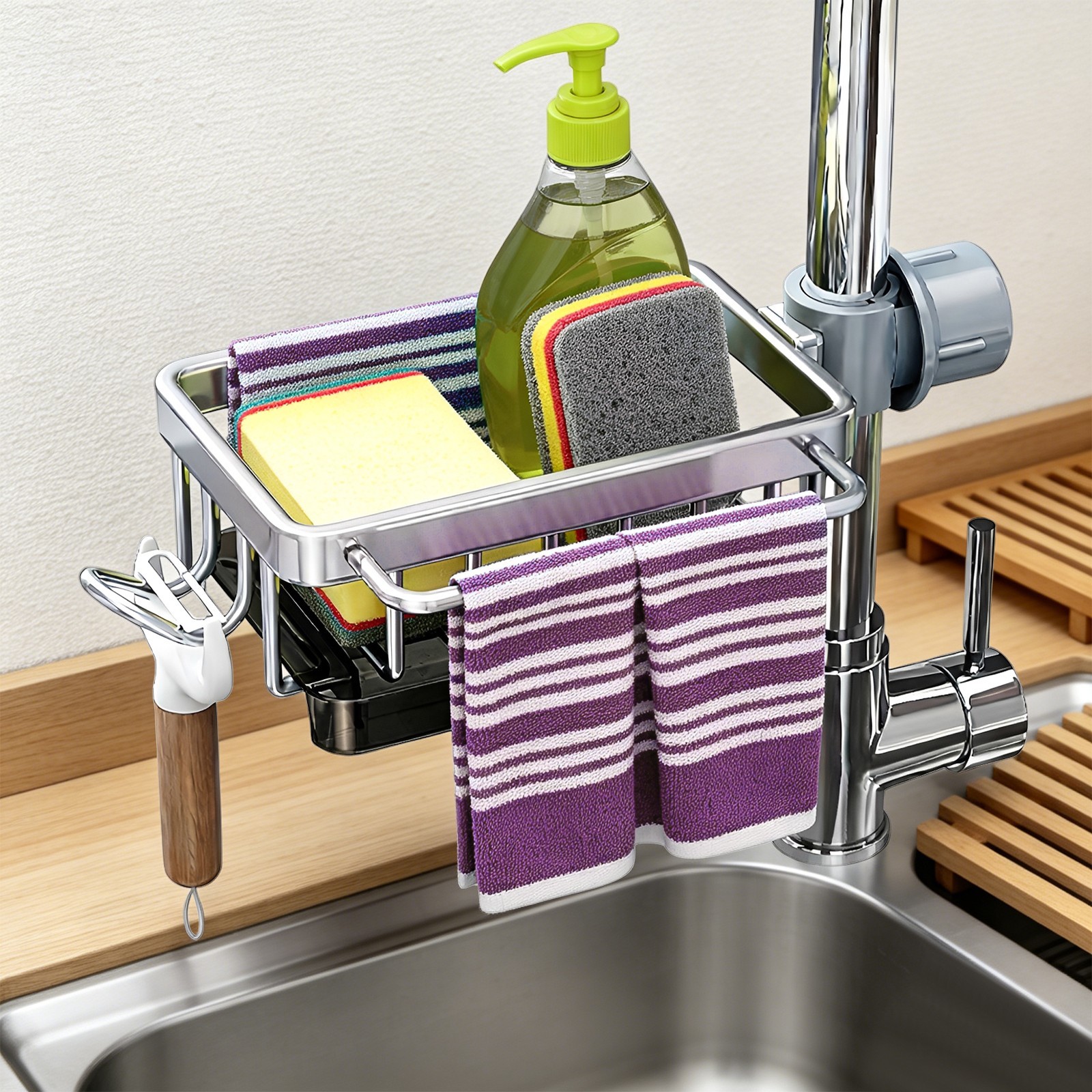 Faucet Sponge Holder Detachable Hanging Faucet Drain Rack with Drip Tray