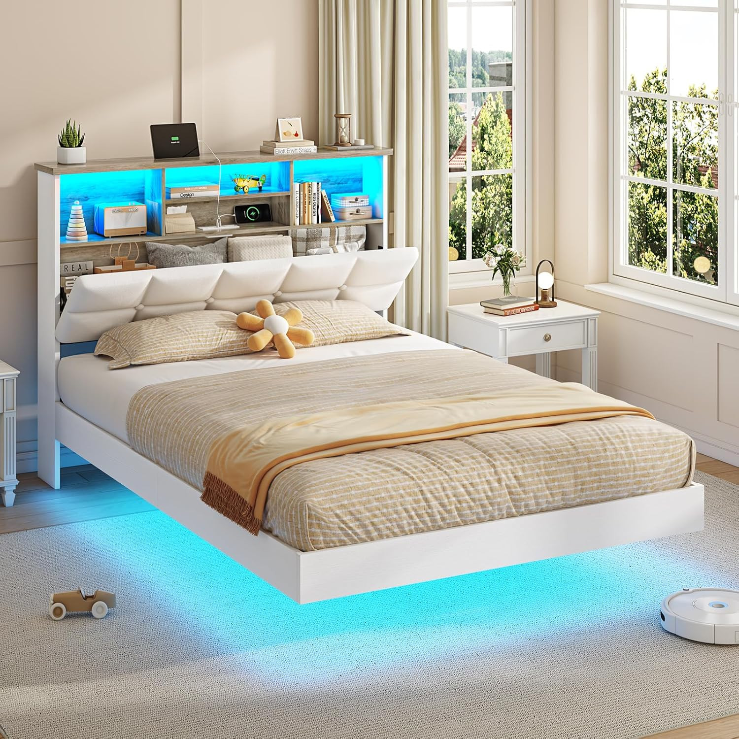 VIAGDO Floating Bed Frame Twin Size with Headboard and Storage, Upholstered Twin