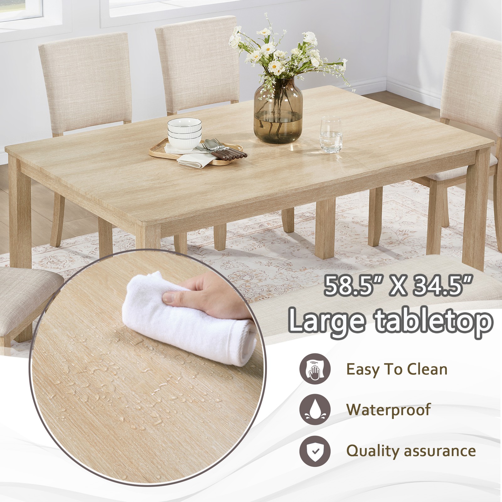 6Pcs Dining Table Set with Bench, Wooden Rectangular Kitchen Table Set, Modern