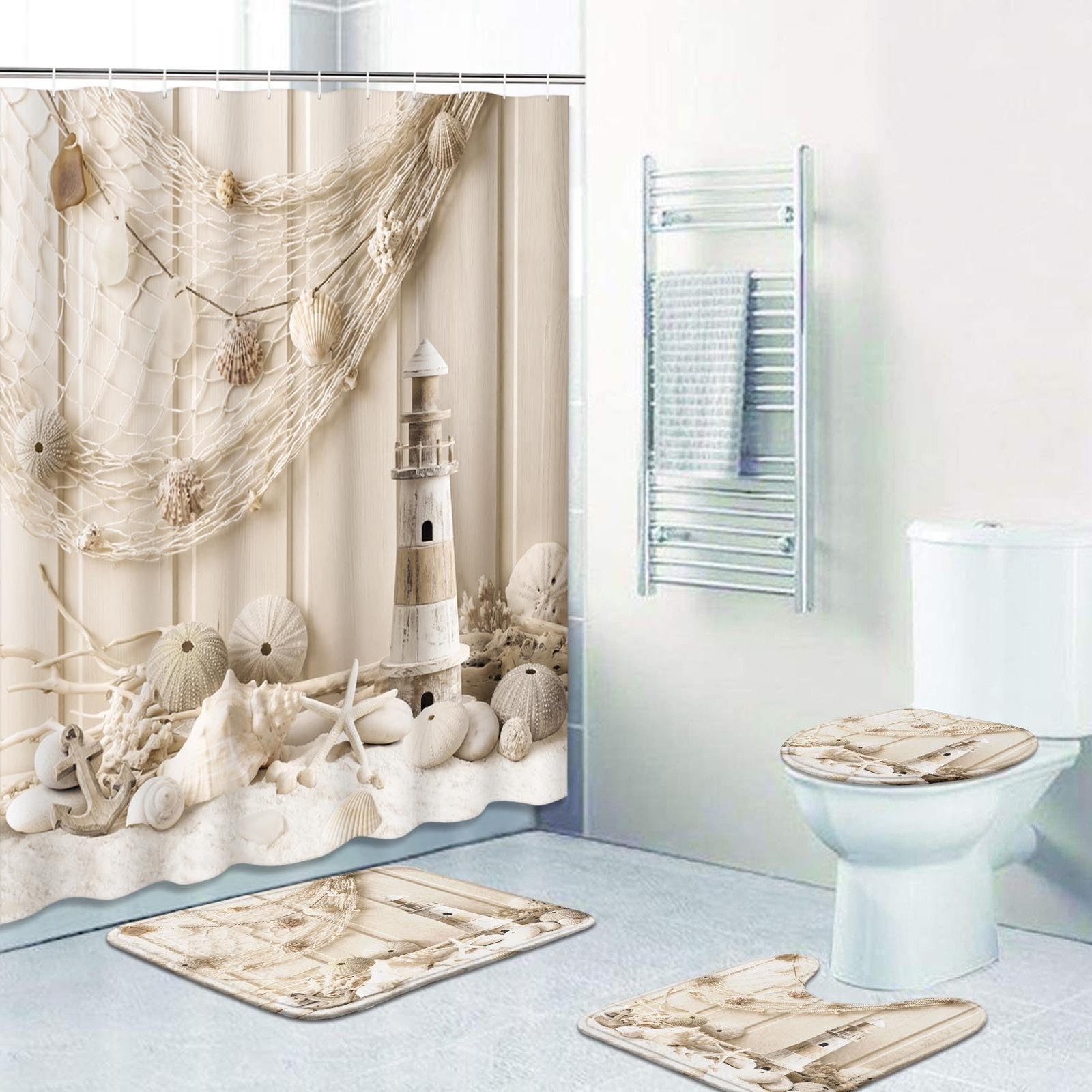 Britimes 4 Piece Shower Curtain Sets, Beach Beige with Non-Slip Rugs, Toilet Lid
