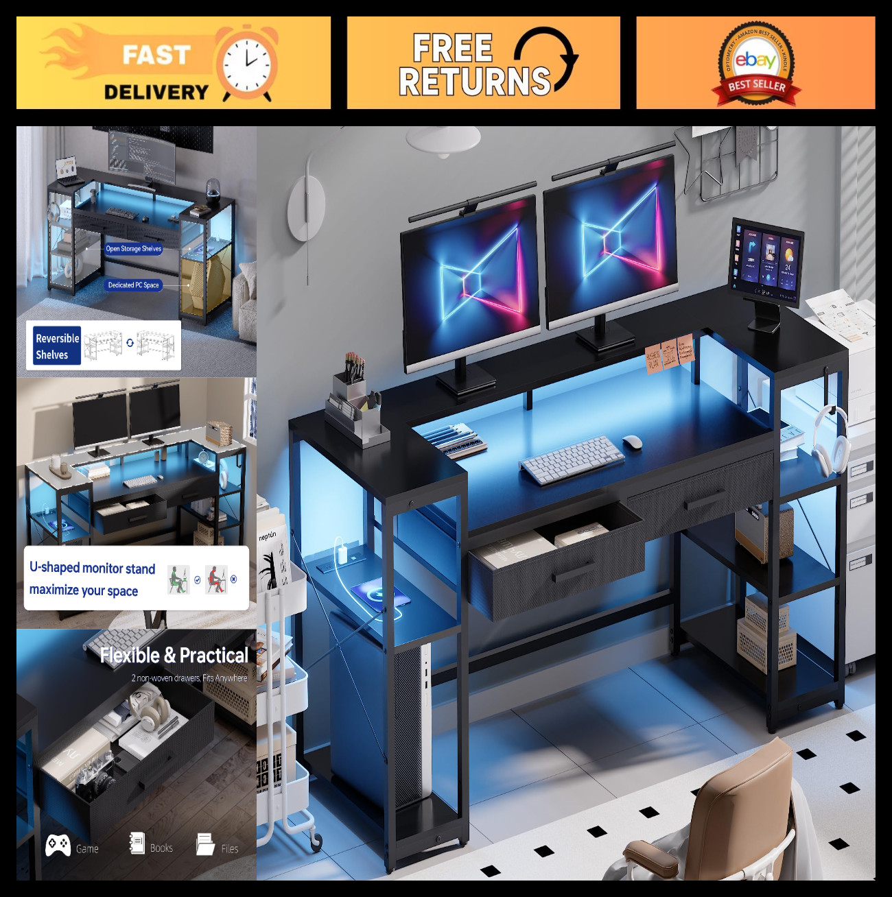 58" Gaming Desk with Monitor Stand, LED Lights, USB Ports & Ample Storage - Home