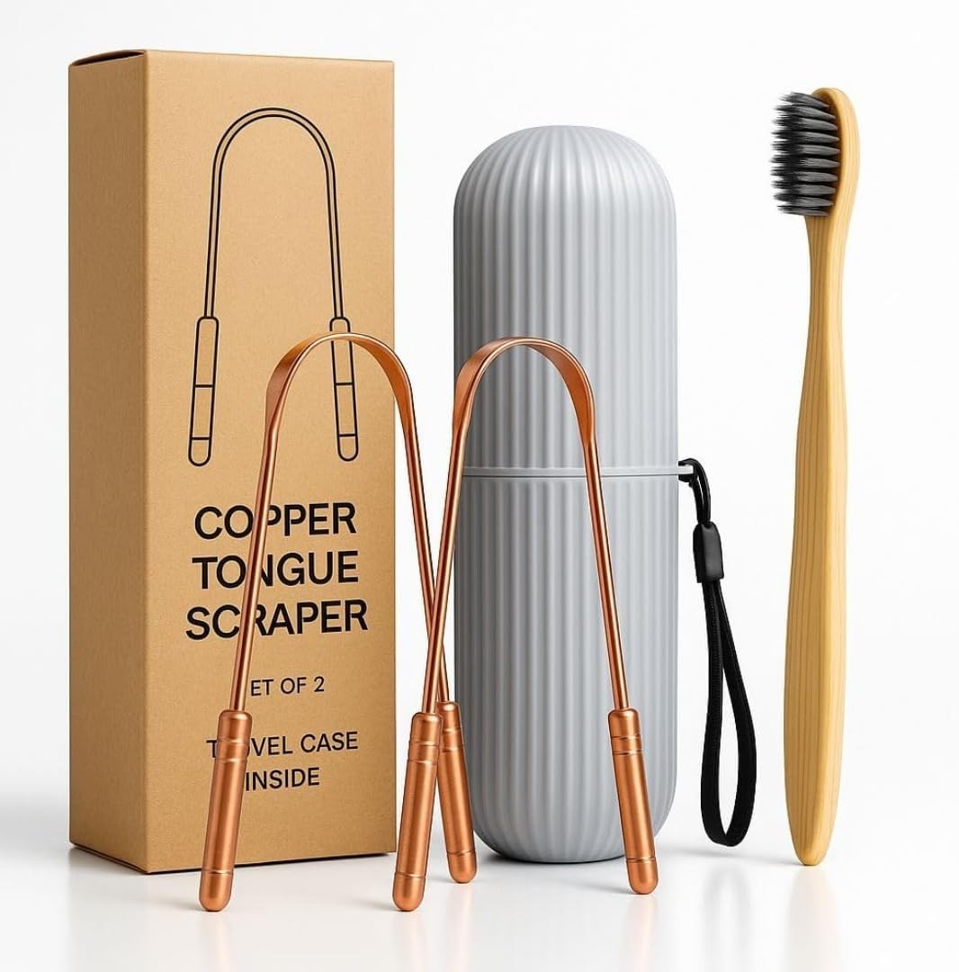 Tongue Scraper Set (2 Pack) – Pure Copper Cleaner Kit with Bamboo