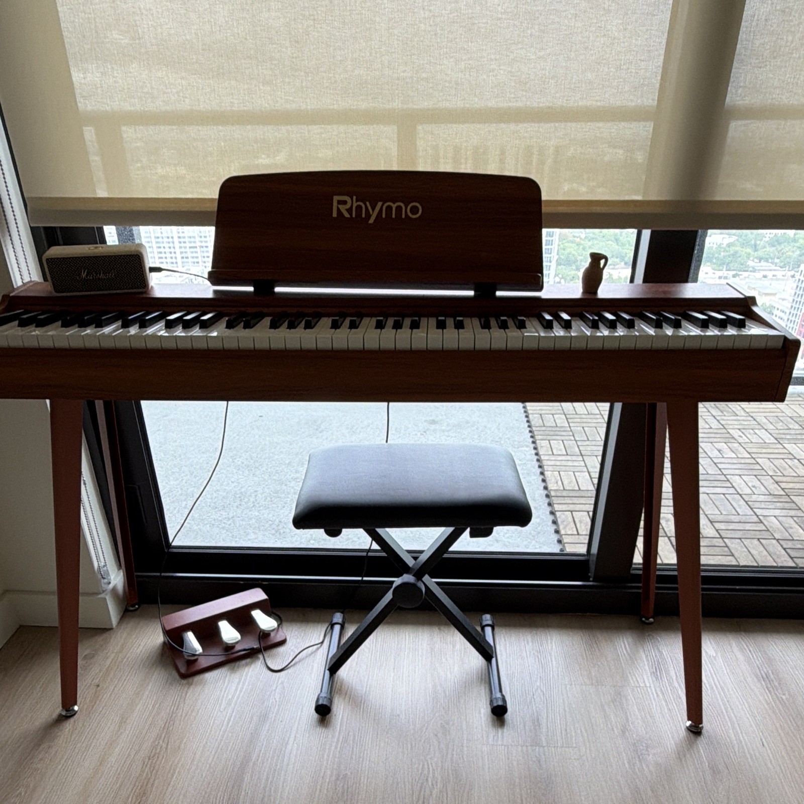 Rhymo 88-Key Digital Home Piano, Brown Wood Finish, 3-Pedal Unit