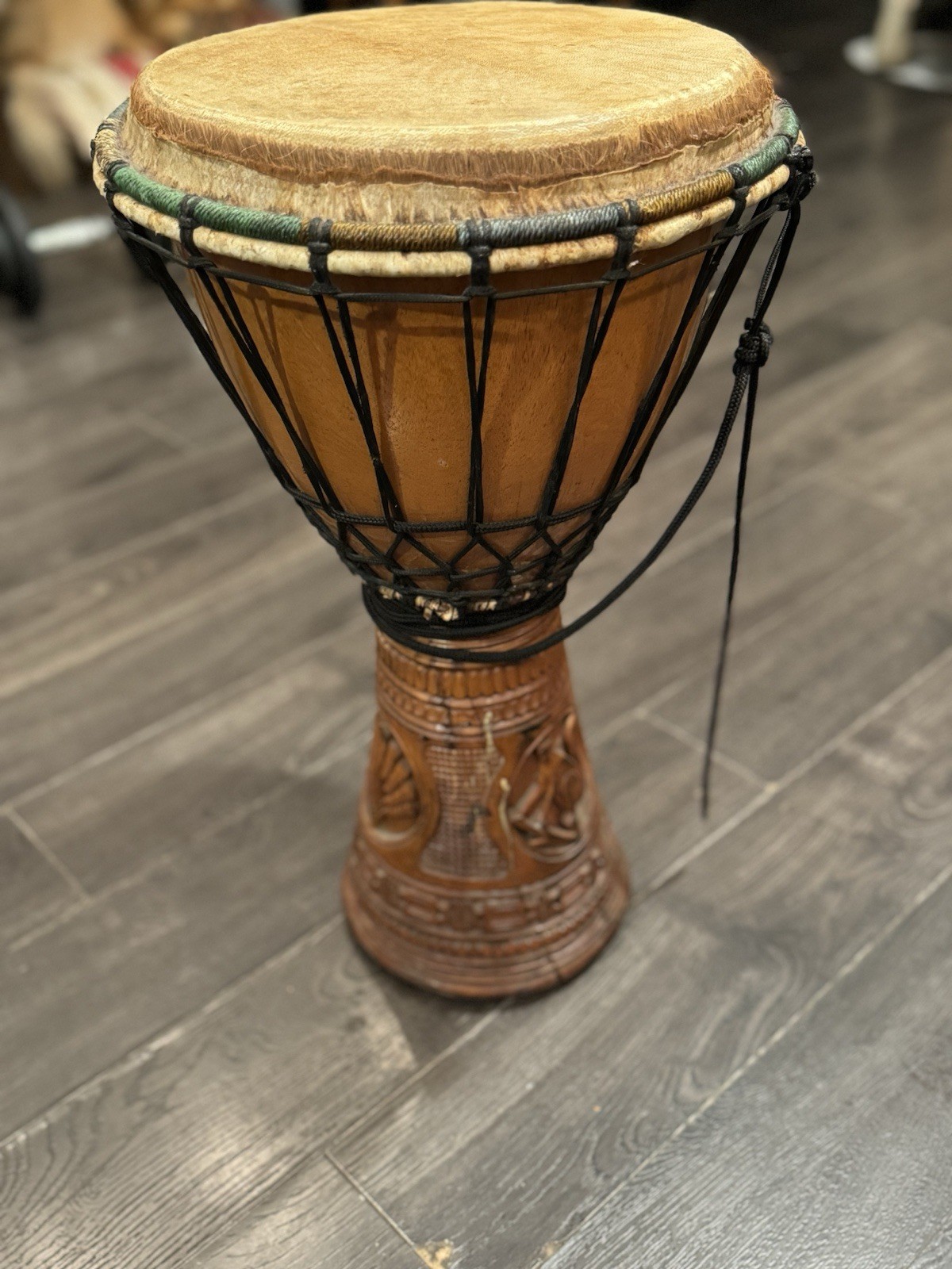 South Africa handmade drum Cracked / Glued (see Pics) Carved Lemur, Ox, & Wheat