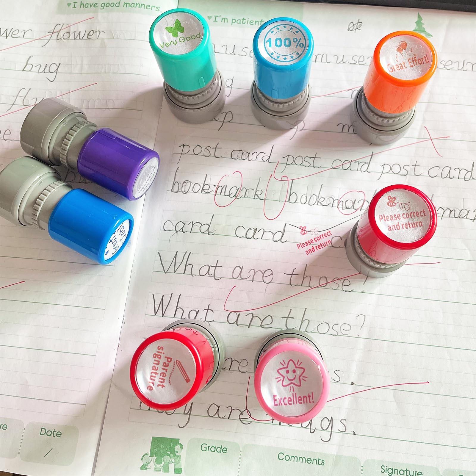 8 PCS Teacher Stamps Set For Classroom Self Inking Rubber Grading Homework