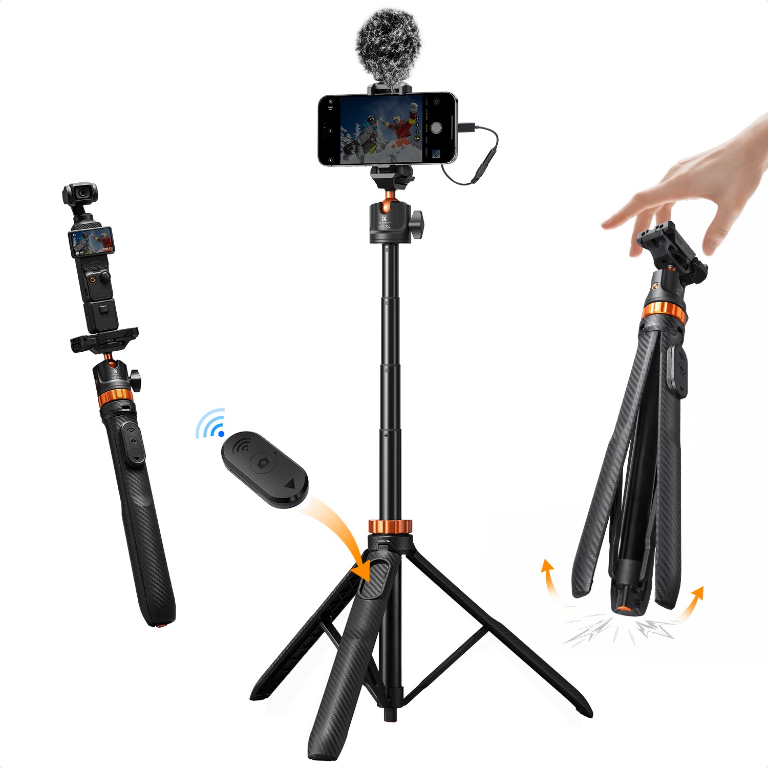 K&F CONCEPT 61" Auto-Pop Open Selfie Stick Tripod w/ Phone Clamp for GoPro DJI