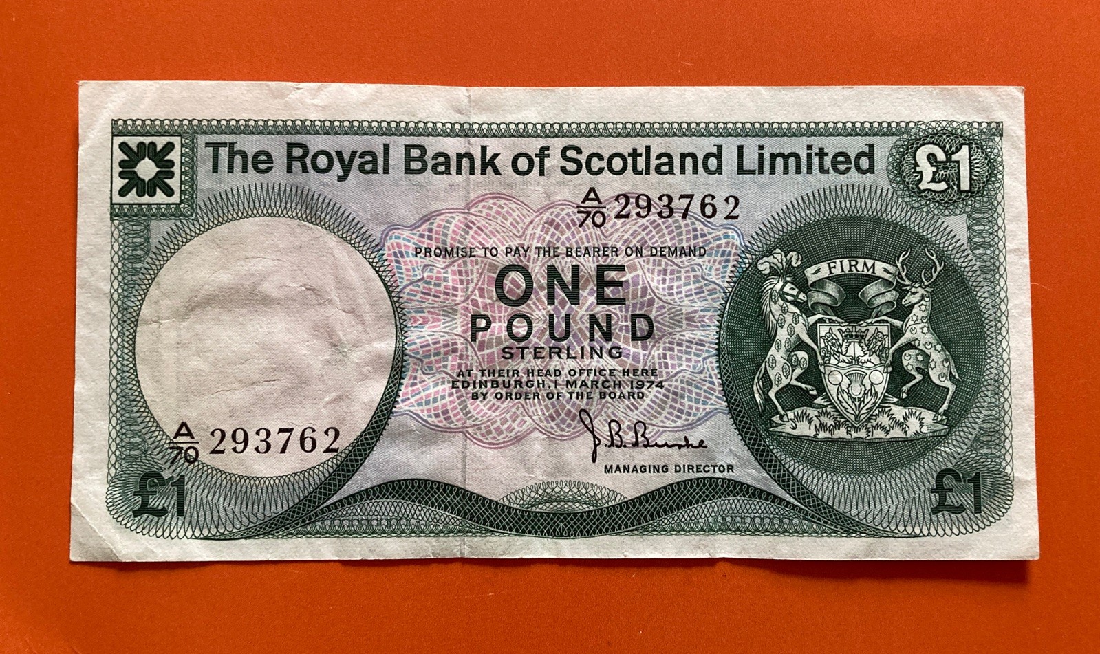 1974 Scotland The Royal Bank of Scotland, 1 Pound Banknote Crisp XF. Pick#356.