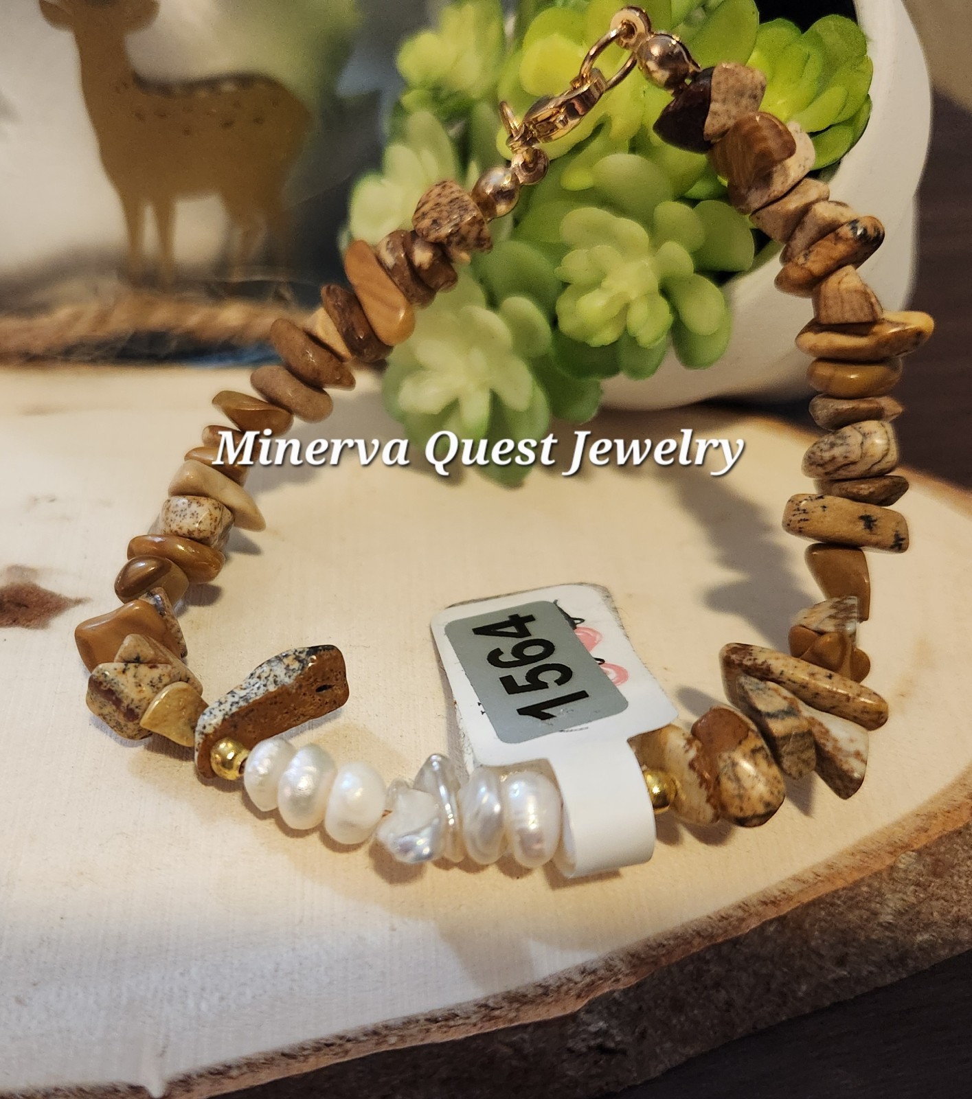 Handmade Artisan Picture Jasper Chip And Baroque Pearl Bracelet. #1564