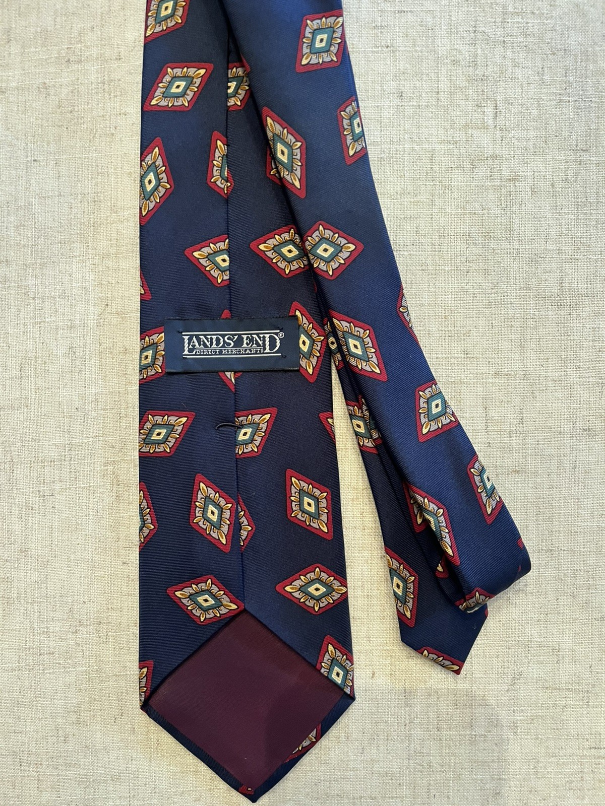 Men’s Lands’ End 100% Silk Tie Navy Geometric Pattern Hand Sewn USA
