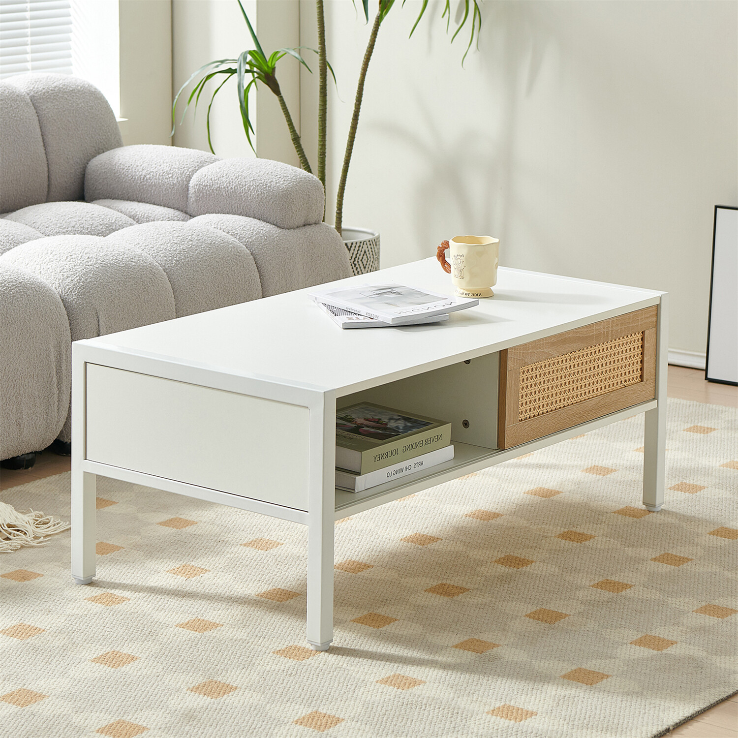 40inch Coffee Table Center Cocktail Table Rattan Side End Table for Living Room